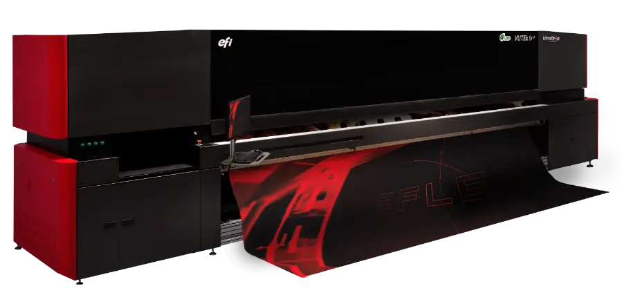 efi vutek 5r roll-to-roll led uv printing machine in action creating beflex wall decoration