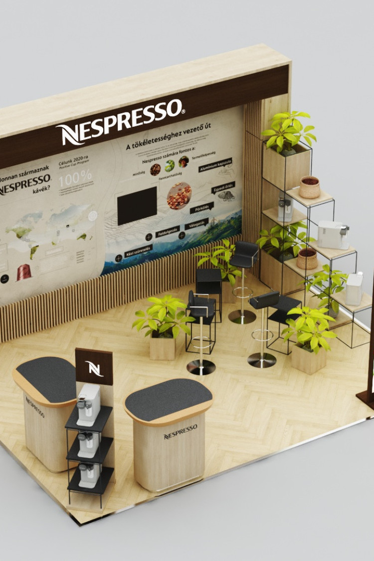 nespresso stand with interactive installations, unique furnitures and digital signage displays