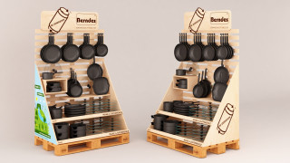 3d render of wood display holding kitchen equipment