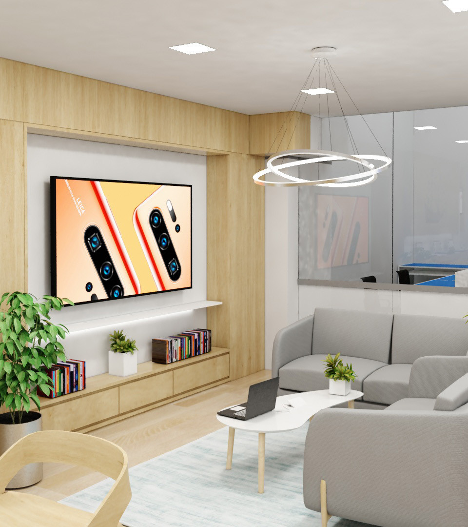 a 3d rendering of huawei's serrvice center in stockholm with unique furniture, and interior design