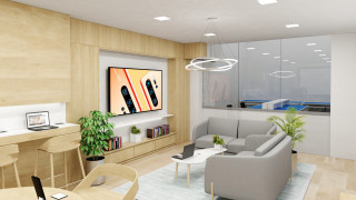a 3d rendering of huawei's serrvice center in stockholm with unique furniture, a...