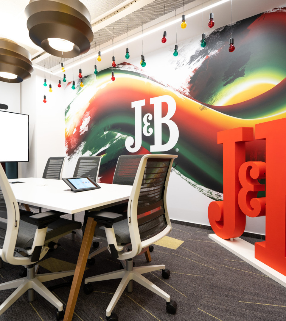 conference room with colorfull wall decals and signage
