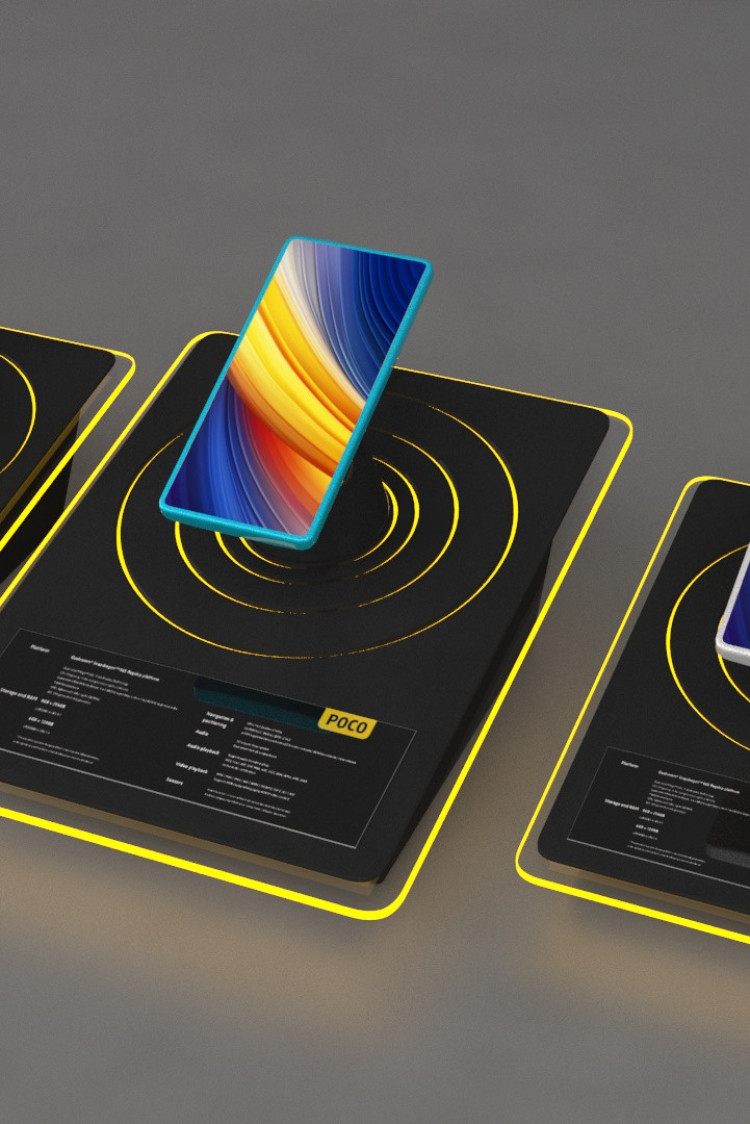 3d render of poco phone countertop displays with colourful phone screens