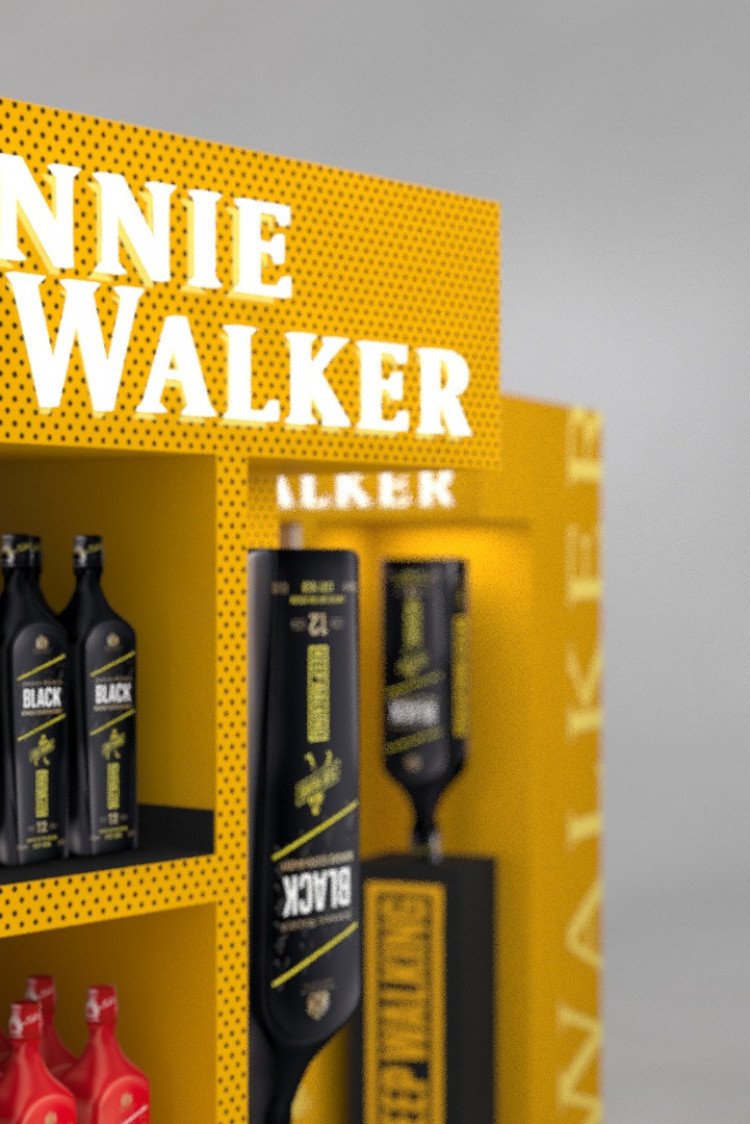 close-up-of-johnnie-walker-display-with-lighting-signage-and-differnet-kinds-of-whiskies